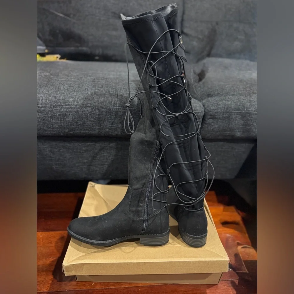 Fashion Nova Ramona Flat Black over the knee Boots Size 7.5